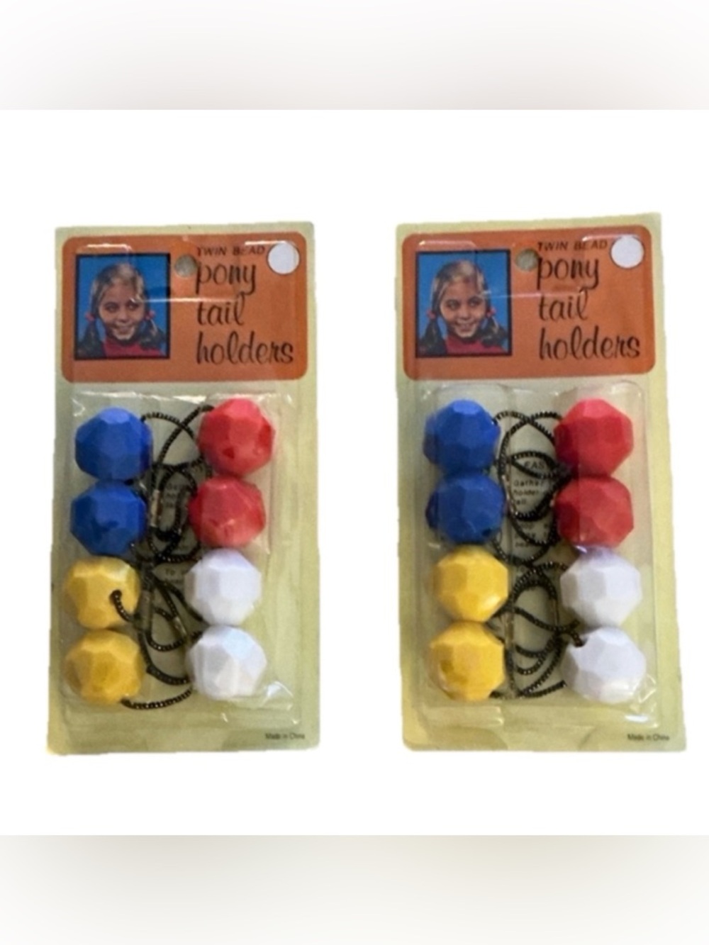 Vintage Twin Bead hair tie ponytail holders, Red White Blue & Yellow 2 pkgs